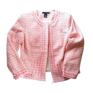 Apostrophe Pink Tweed Blazer Fringe Zipper Front Open Design Pockets Crop Size 6